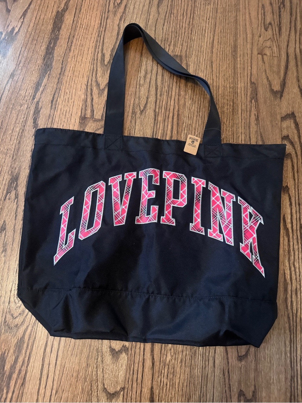 PINK Victoria's Secret Black Tote with Pink Plaid LOVE PINK Graphic